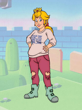 Princess Peach fan art inspired by her outfit in the Super Mario 3 cartoon episode, “Kootie Pie Rocks,” except the sweater has the NKOTB logo in place of Milli Vanilli. Background is from the SMB3 cartoon. Completed February 26, 2026 in Procreate.