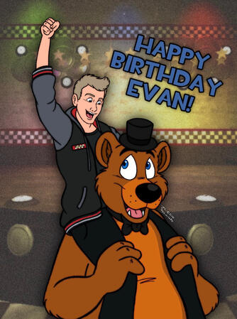 Birthday gift for a friend, featuring Freddy Fazbear. Background is from Help Wanted 2 with minor edits I made. Completed May 18, 2026 in Procreate.
