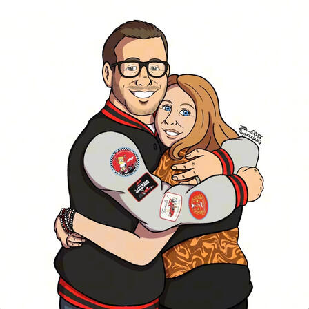 Commission for Kelly Pasinski. This is redraw of her meet and greet photo with Donnie Wahlberg. The patches on his sleeve were inserted from an image, but everything else is drawn by me. Completed June 25, 2026 using a combination of Procreate and IbisPain