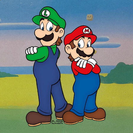Super Mario Bros. fan art. Background is from the Super Mario World cartoon series. Completed March 10, 2026 in Procreate.